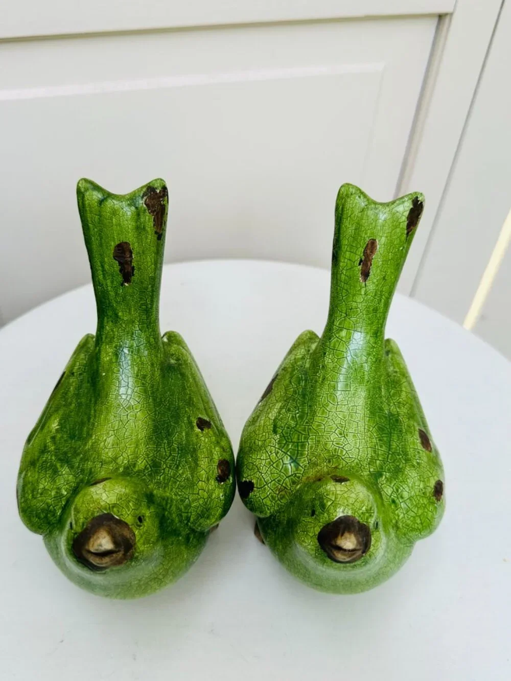 Pier 1 Green Crackle Glaze Bird Figurines Set Cottagecore Farmhouse Decor